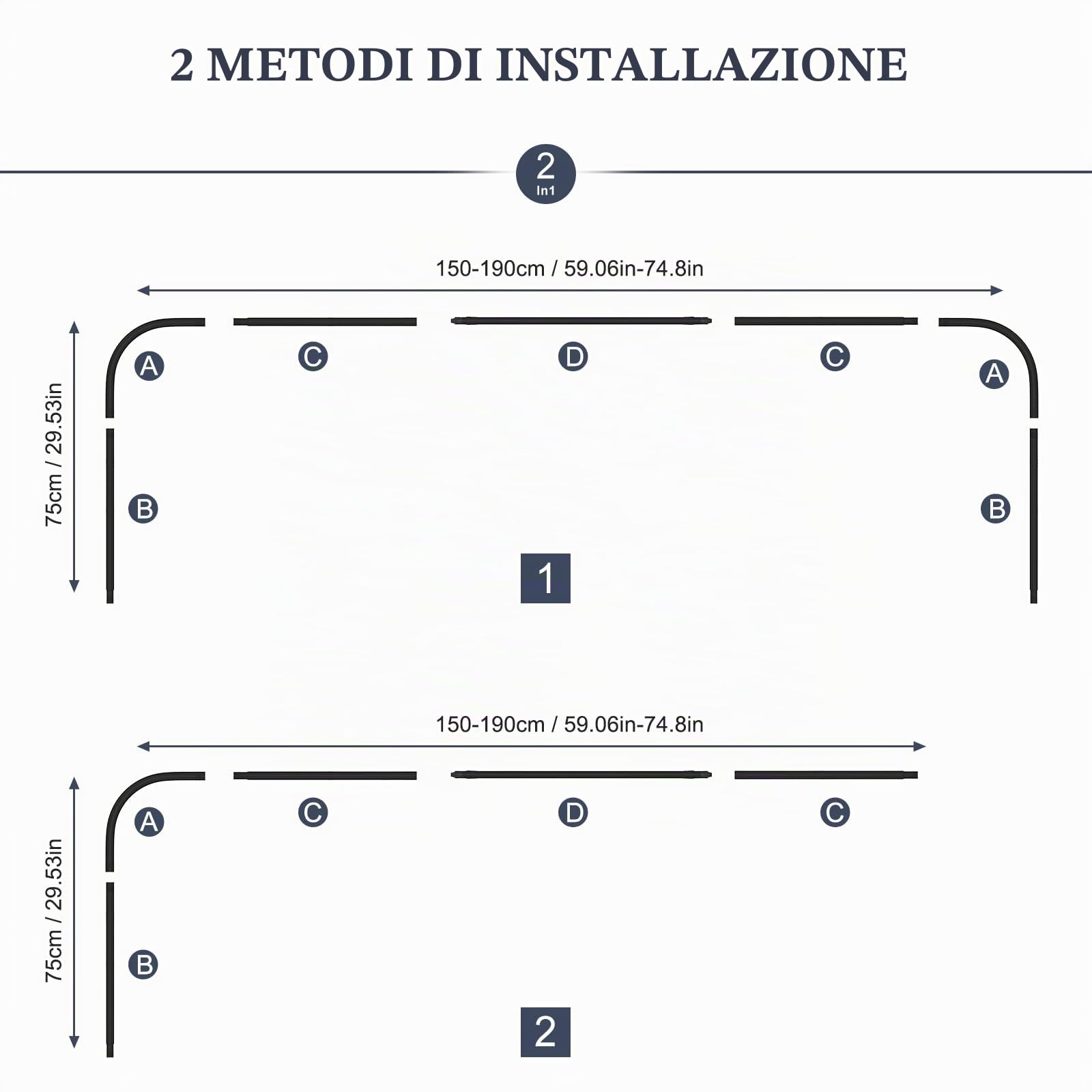 Asta Tenda Doccia Angolare 2 in 1 Forma U o L, Bastone Doccia Estensibile in Acciaio Inox 304, Binario Regolabile per Tenda Vasca e Spogliatoio, Carico 25kg, con 24 Ganci, Nero