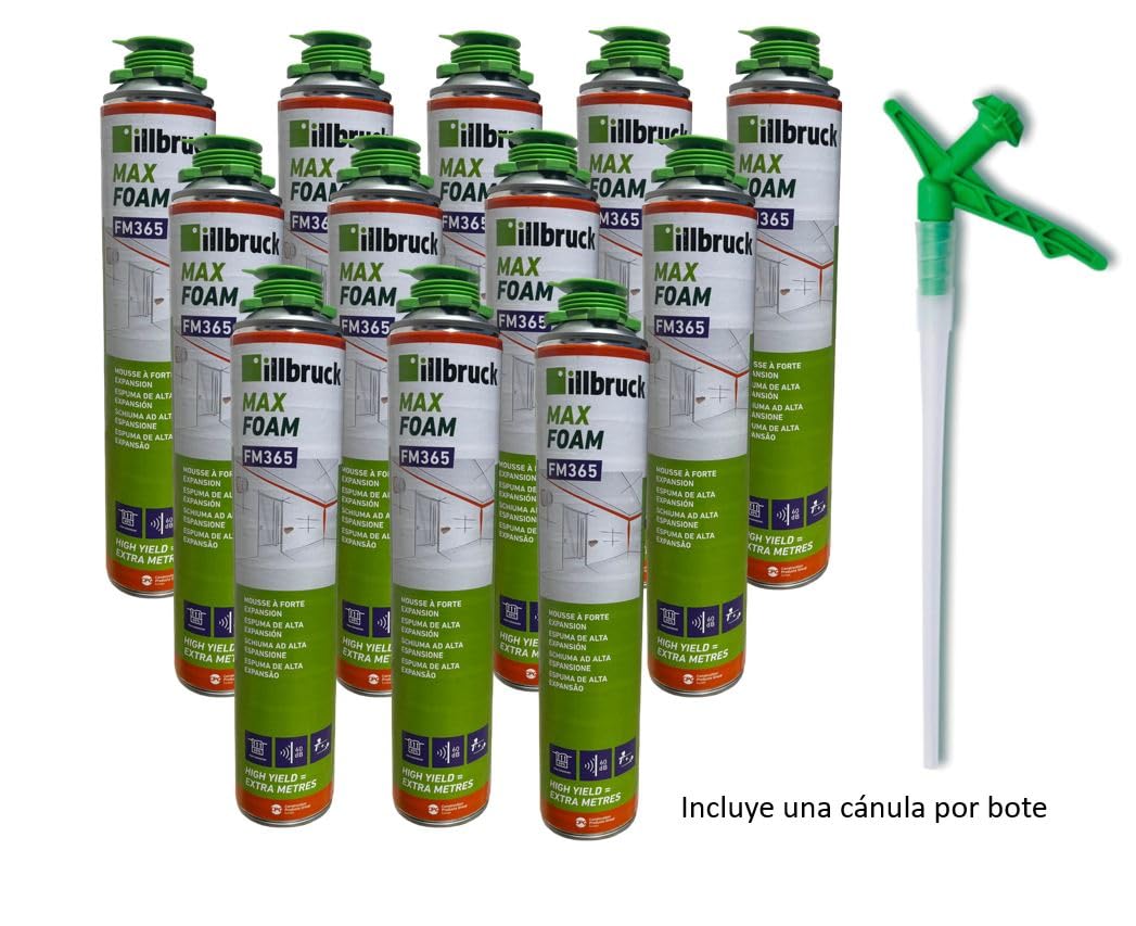 Espuma de Poliuretano Expansiva 540ml Incluye cánula FM365 - Pack de 12 unidades | Rendimiento 40L | Sellador Aislante Térmico y Acústico | Curado Rápido en 8 Minutos (12 unidades)