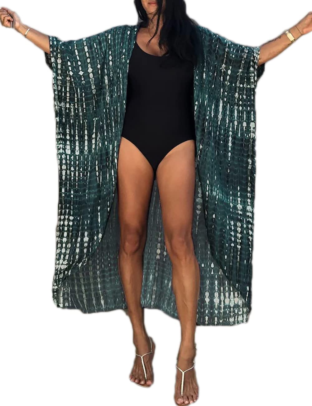 Bsubseach Stylish Tie Dye Open Front Long Kimono Swimsuit Coverup for Women
