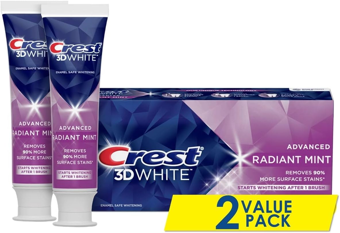 Crest, 3D White, Fluoride Anticavity Toothpaste, Radiant Mint, 2 Pack, 3.8 oz (107 g) Each