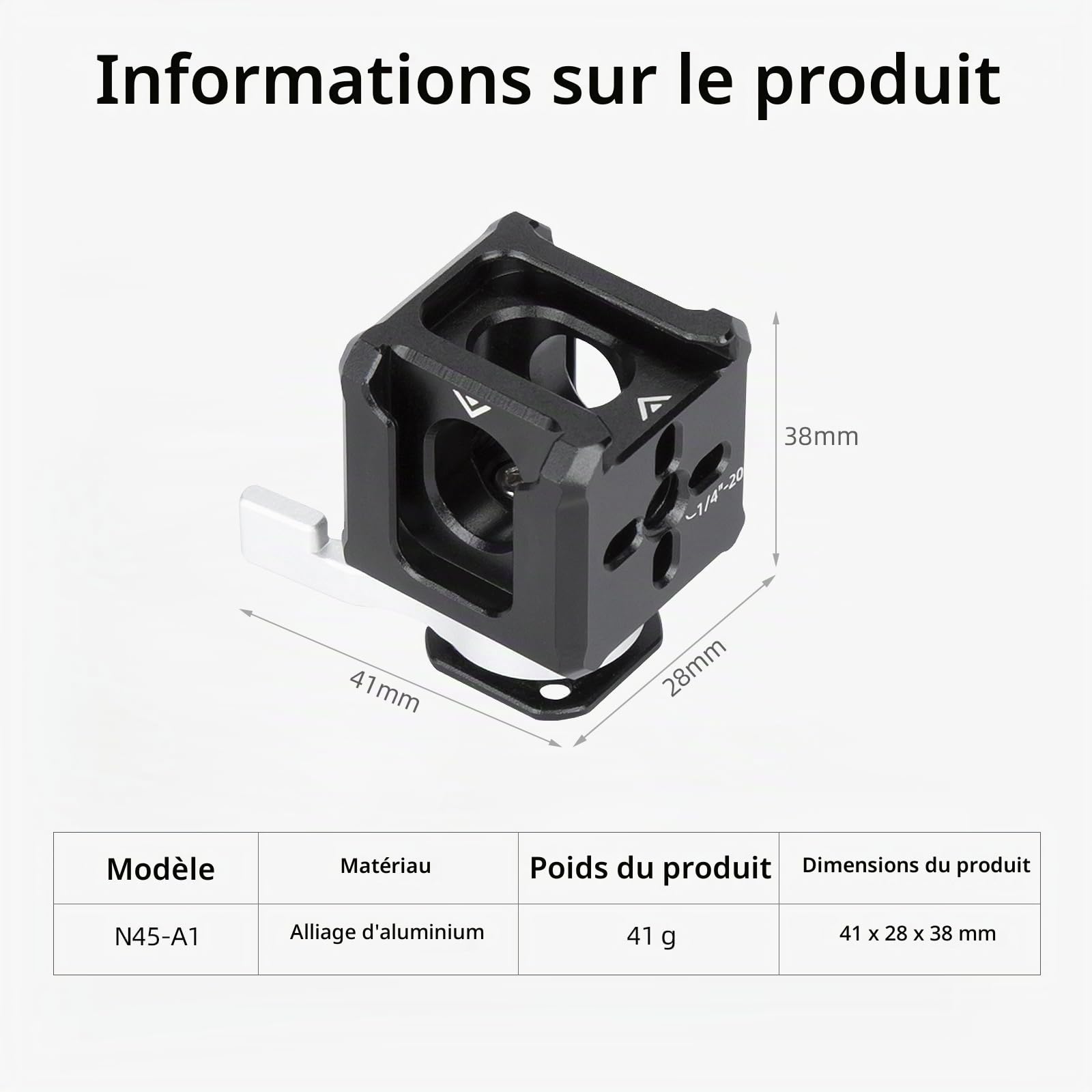 Nitze Adaptateur Cold Shoe Triple avec Trou Fileté de 1/4", Trous de Positionnement Arri de 1/4" et 3/8", pour Caméra Support de Moniteur, Bras Magique, Lumière LED et Microphone - N45-A1