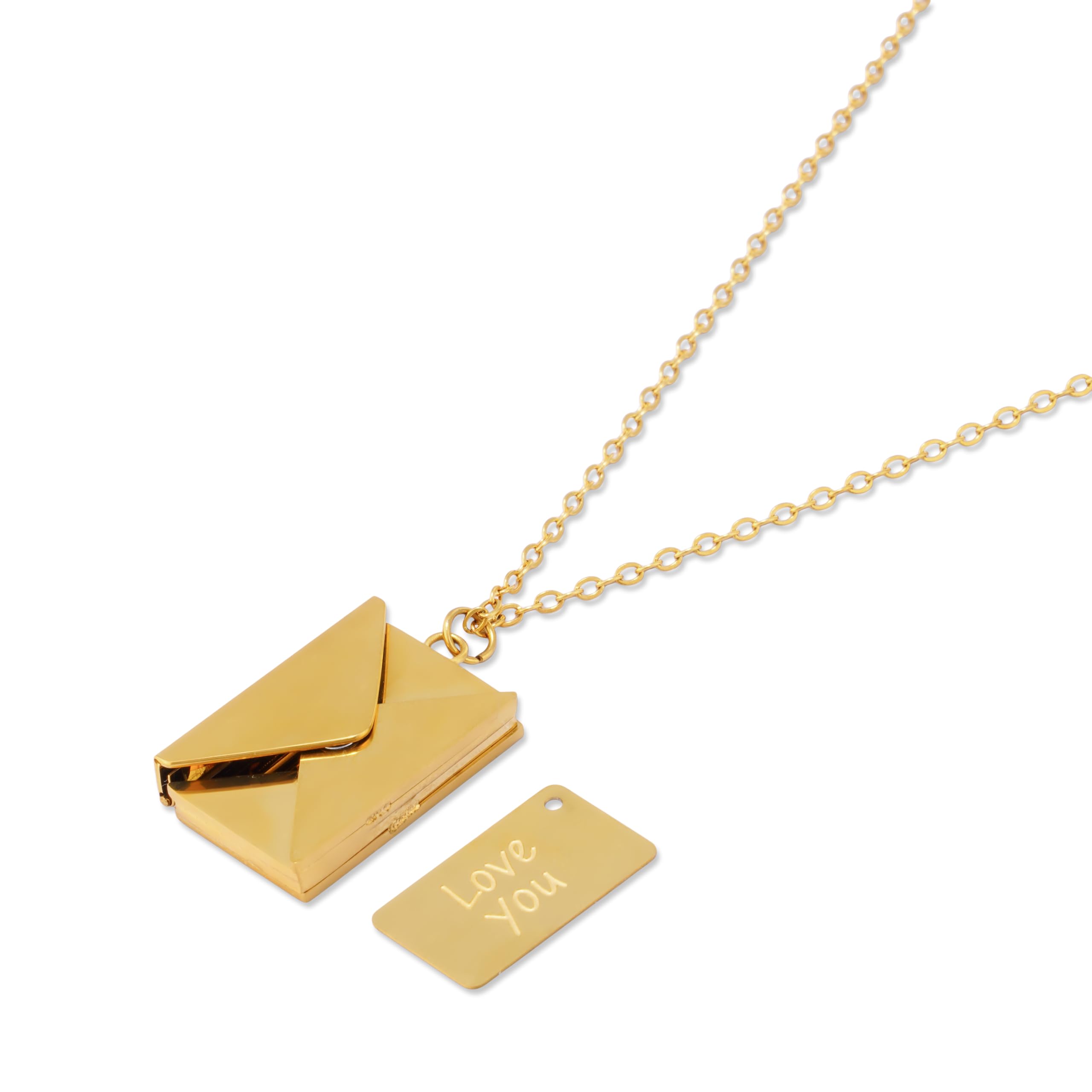 amelia Women's Gold Tone Love Letter Envelope Necklace in Stainless Steel | Openable Envelope Pendant with Removable I Love You Message | Romantic Gift for Girlfriend, Wife and Women-picture-38