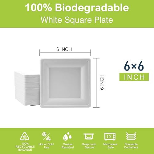 Miniatura 6 de Paquete de 30 platos biodegradables desechables de 6 pulgadas, platos de postre 100% compostables, platos de papel cuadrados 100% libres de BPA