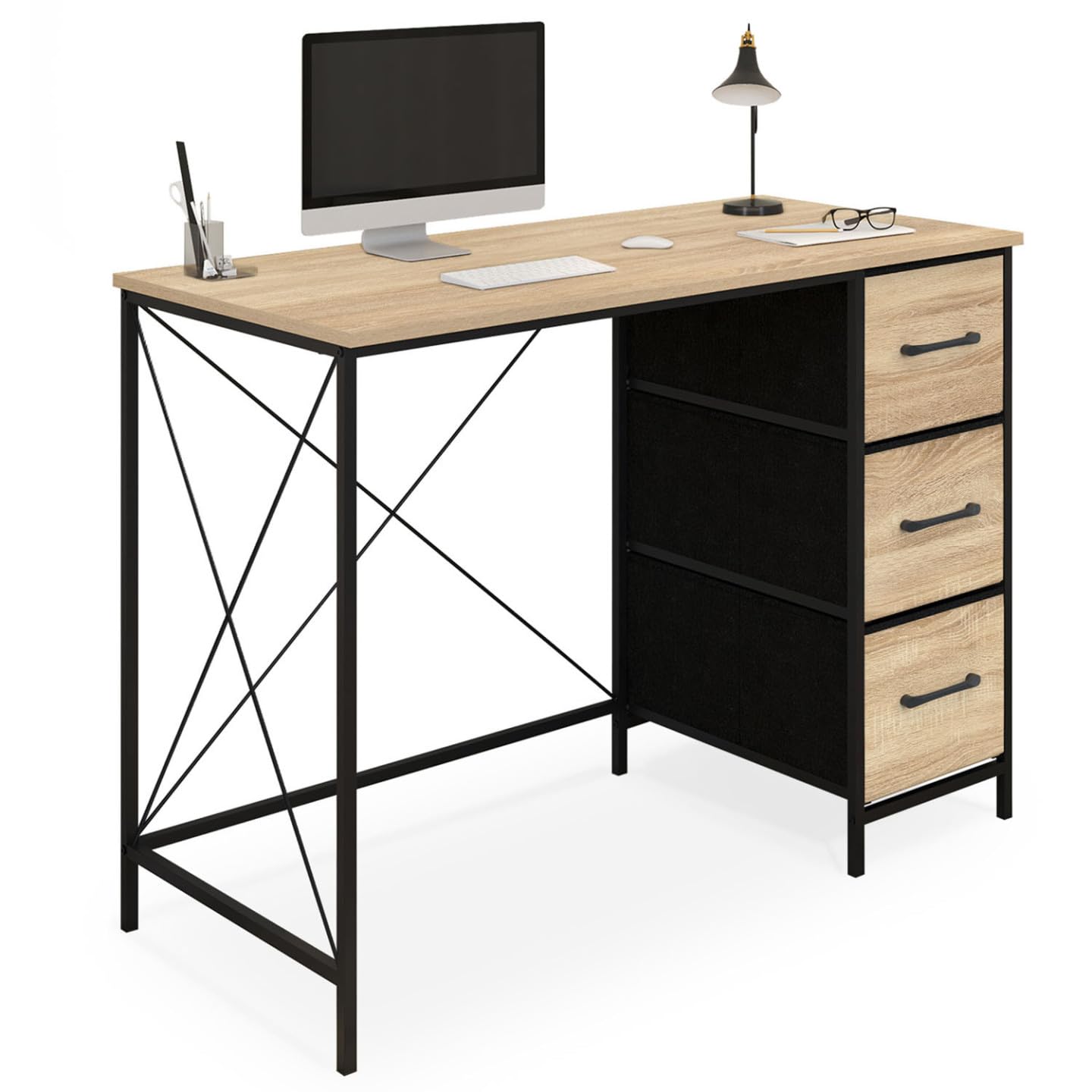 IDMarket - Bureau 3 tiroirs en Tissu Utah Bois et Noir Design Industriel