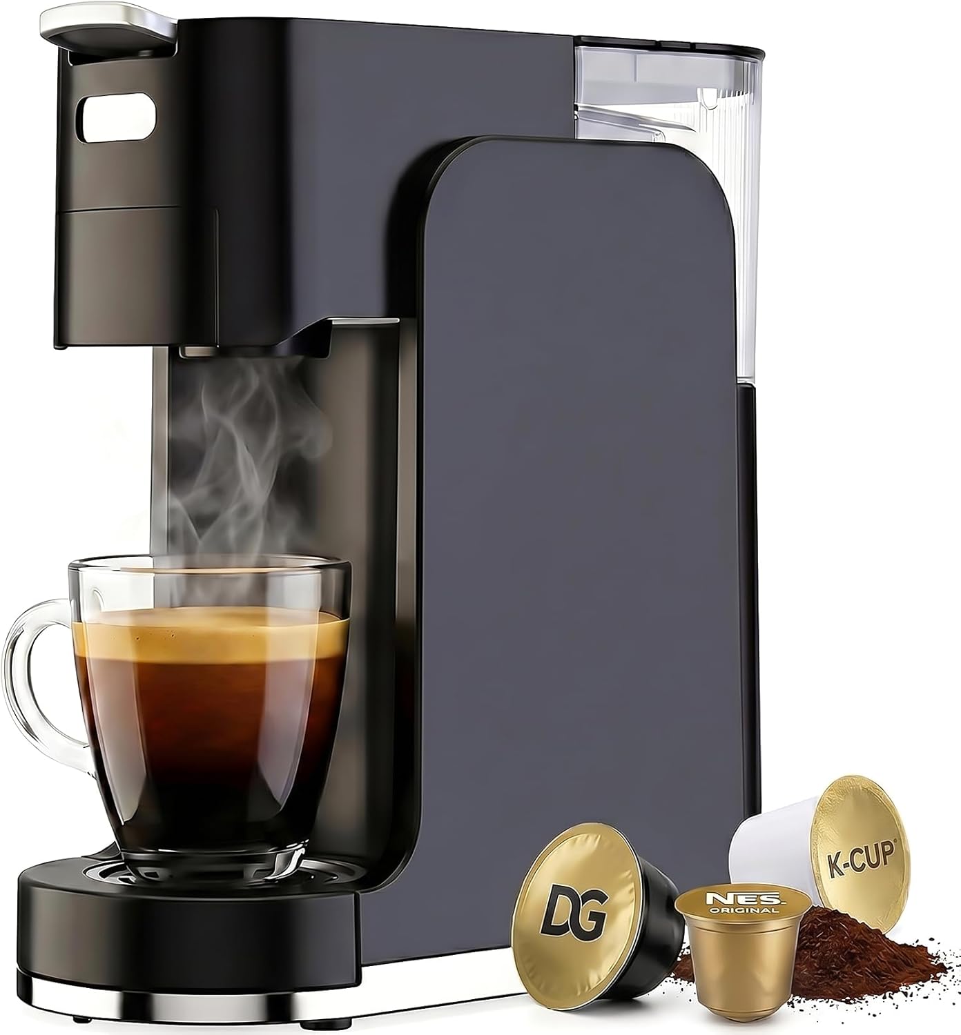 All-in-1 Single Serve Coffee Machine, Hot and Iced Coffee Maker for Ground Coffee, K-Cup Pod, NES Original and DG Pod, 20 Bar Espresso Coffee Maker, Customizable Brew Volume, Heats up in 3 seconds