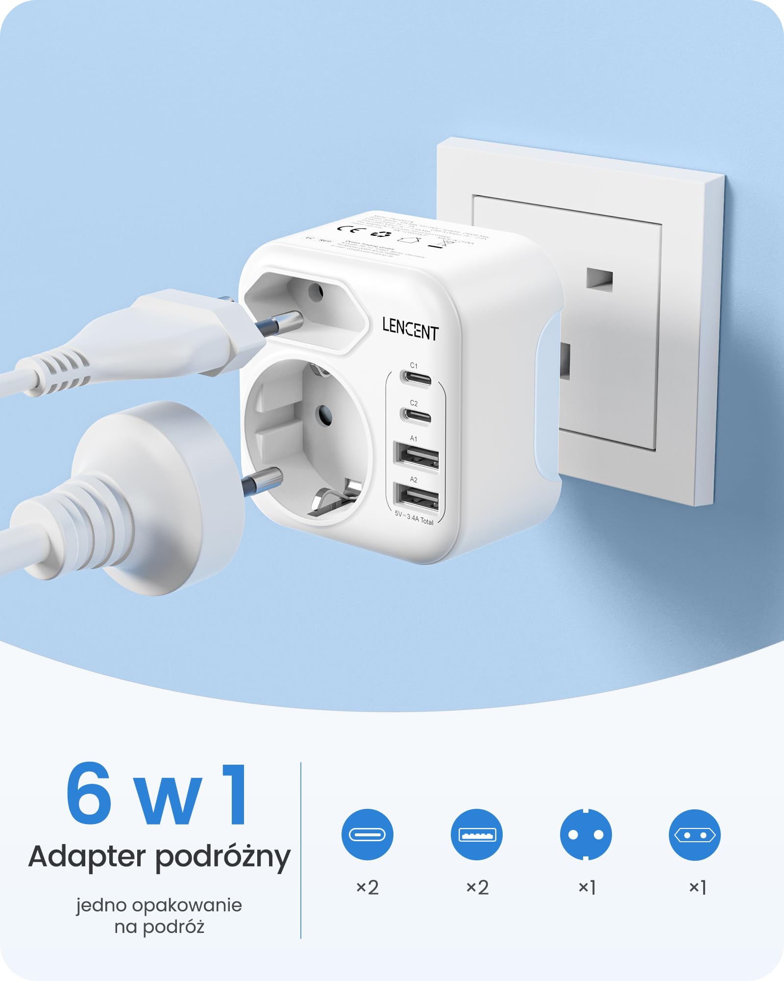 LENCENT Adapter Podróżny UK Niemcy, Adapter Typu G, Składana | Wtyczka Podróżna z 2 Portami USB-C&2 USB-A, EU Schuko na UK dla Anglii, Wielkiej Brytanii, Szkocji, Irlandii, Malediwów