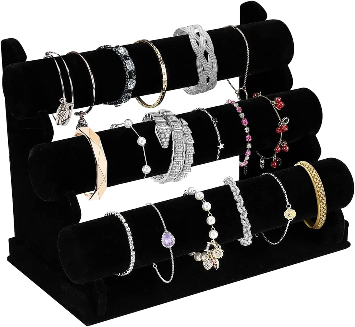 OSPNIEEK Velvet Bracelet Holder with 3 Tier Rack, Black Detachable Jewelry Display Stand T-Bar Necklace Storage Organizer for Bangles Watch Bracelets Scrunchies Organization Showcase