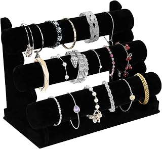 OSPNIEEK 3-Tier Black Velvet Bracelet Holder Necklace Display Stand - Detachable T-Bar Organizer for Bangles Watches Jewelry Storage