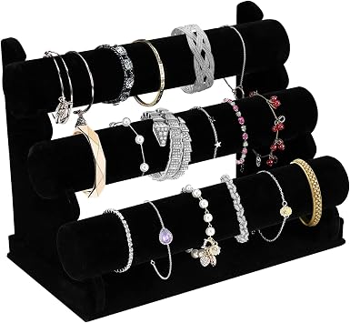 OSPNIEEK Velvet Bracelet Holder with 3 Tier Rack, Black Detachable Jewelry Display Stand T-Bar Necklace Storage Organizer for Bangles Watch Bracelets Scrunchies Organization Showcase