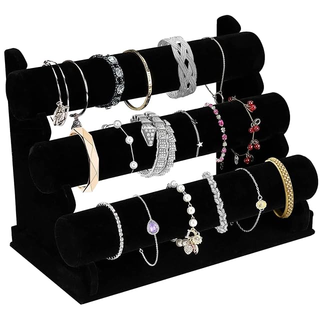 OSPNIEEK Velvet Bracelet Holder with 3 Tier Rack Black Detachable Jewelry Display Stand T-Bar Necklace Storage Organizer for