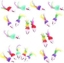 Falllea Pack of 20 Furry Kittens Mice Cat Toys with Rattle and Feather Tails - Pet Catcher for Cats Fun