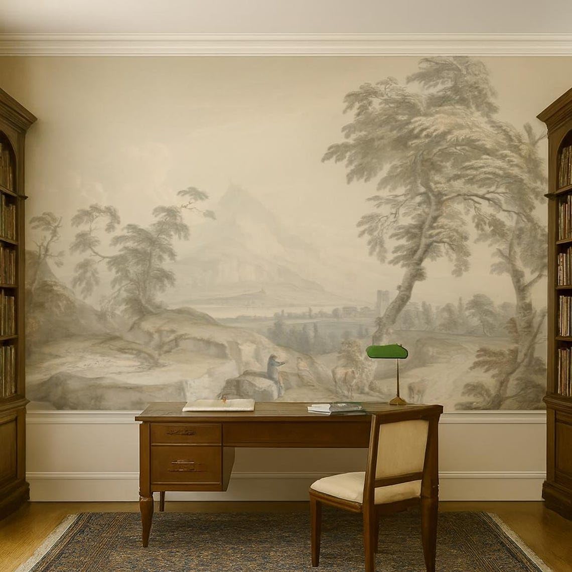 Sunny Graphics Print Classical Landscape Photo Mural Wallpaper Mountain Village Vintage Painting Wall Art Elegant Room Decoration Home Office Wall Covering Poster