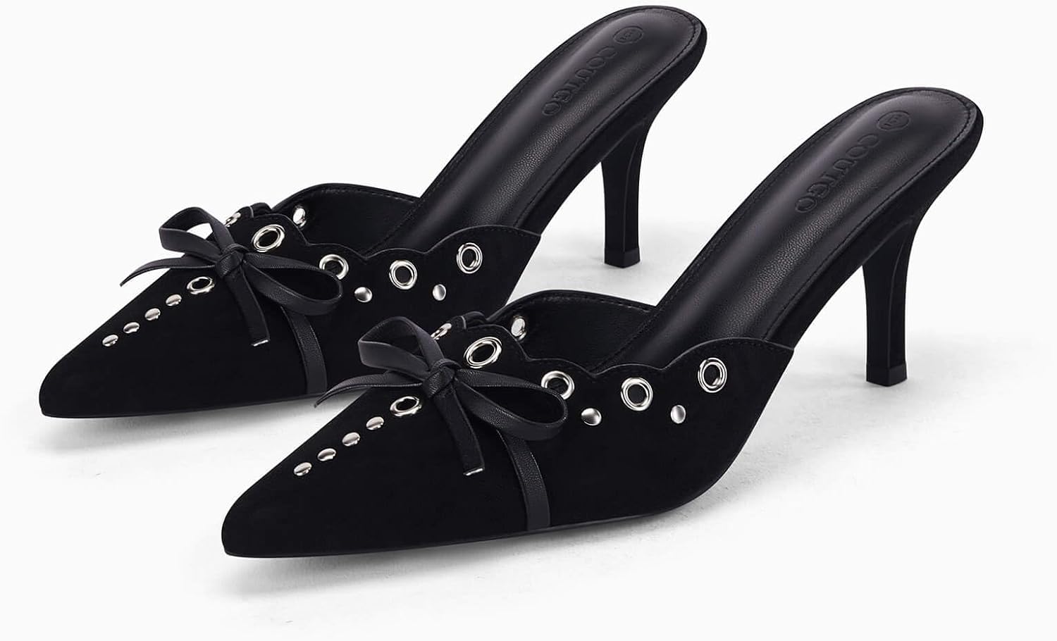 Coutgo Women's Bow Tie Mule Heels Pointed Toe Studded Backless Stilettos Slip On Dress Pump Shoes - Image 4