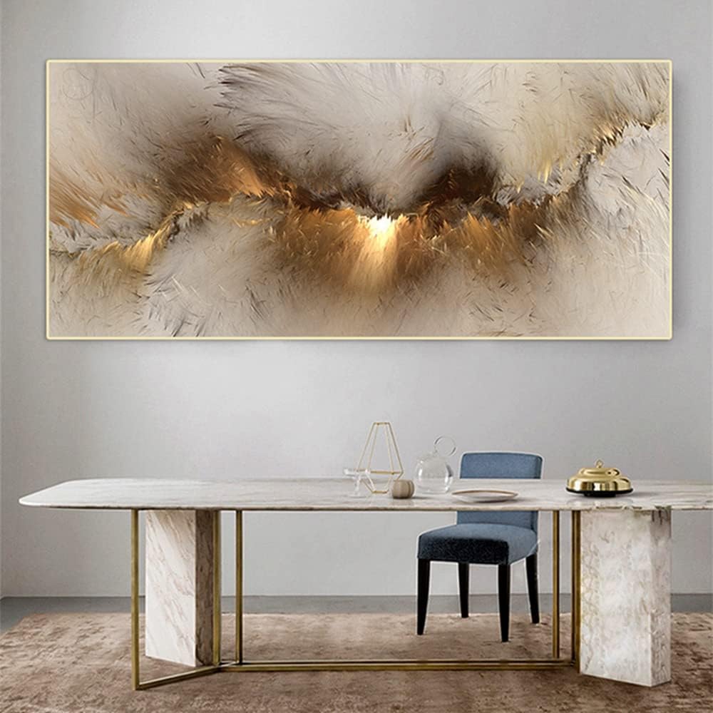 Abstract Modern Gold Aurora Clouds Painting Art Painting Canvas Pictures Large Living Room XXL Art Print Wall Canvas Picture Frameless (Gold, 70 x 140 cm)