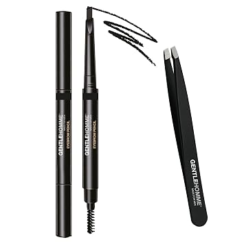 Gentlehomme Eyebrow Pencil and Stainless Steel Tweezer for Eyebrows & Beard | Mens Grooming Set for Shaping & Defining - Waterproof, Smudge-proof, and Long-lasting Black