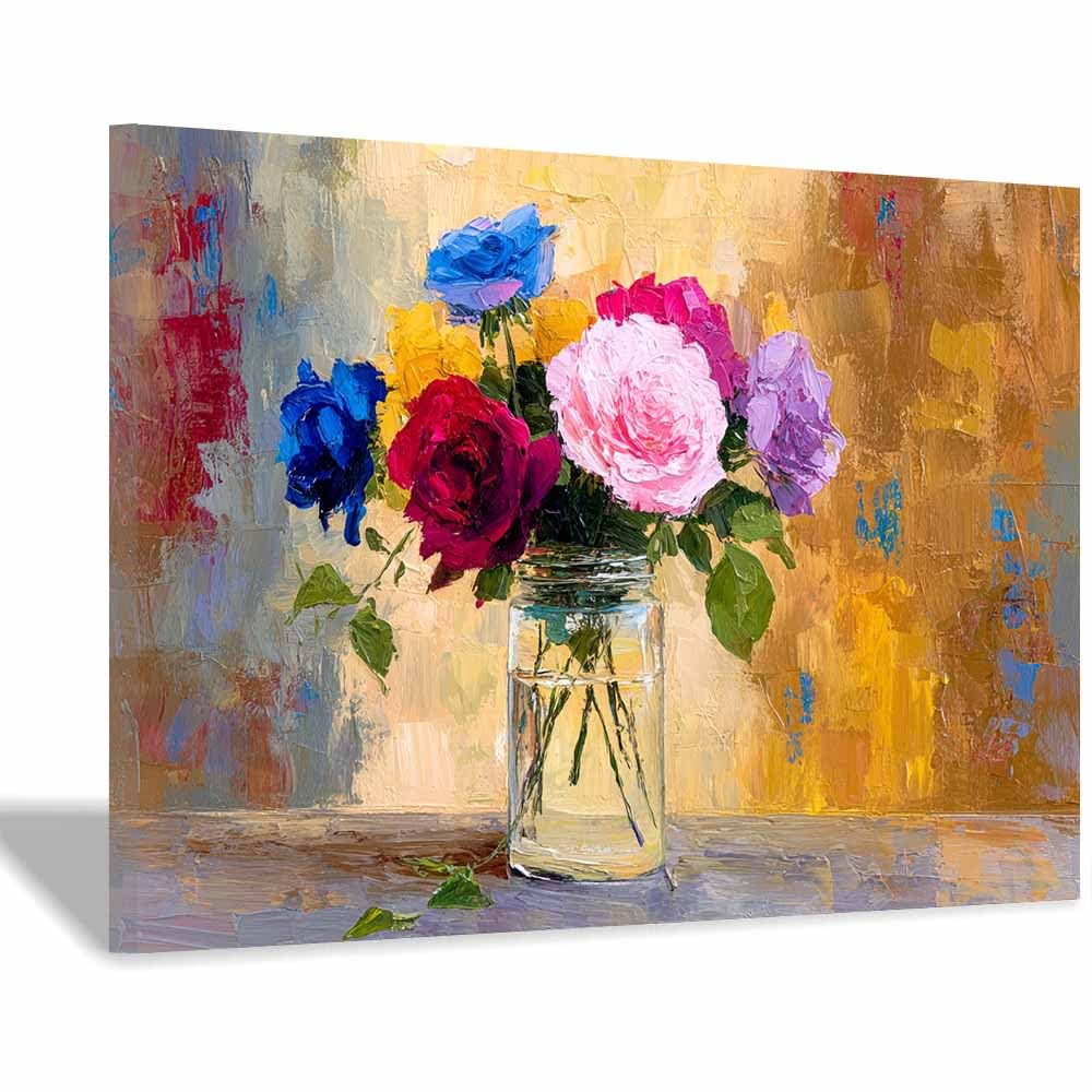 Xeniou Multicolor Flowers Wall Canvas Colorful Ros Oil Painting Canvas Wall Art, For Bedroom Bathroom Living Room Home Wall Decor(Multicolor)-70X100cm Framed