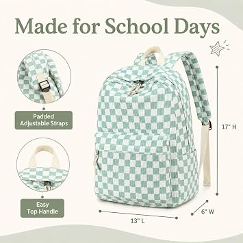 BTOOP School Backpack for Teens Large Corduroy Bookbag Lightweight Girls Boys Casual High School College Backpacks, Green-white Checkered, 17*12*6 inches, Classic