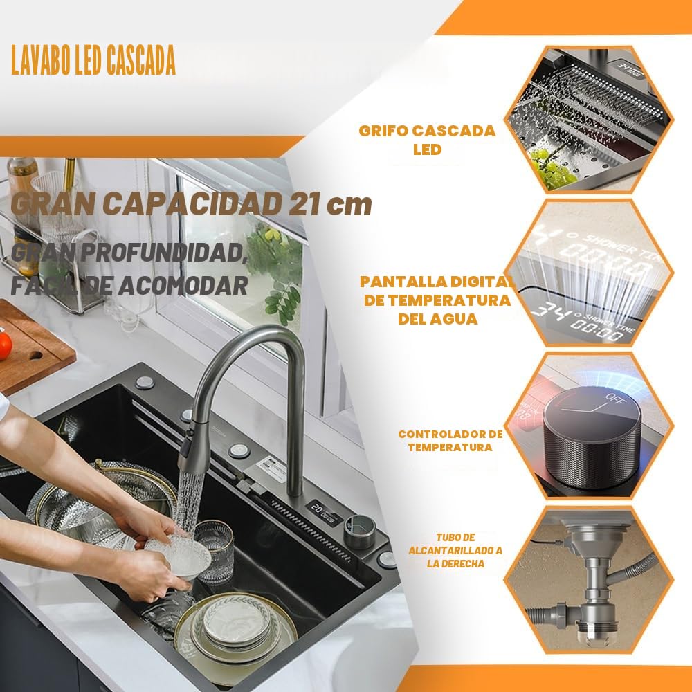 Fregadero de cocina con cascada negra, 80 x 45 cm, 1 cuenco, acero inoxidable, rectangular, sifón, rebosadero y desagüe, moderno y multifuncional, fregadero cascada con juego de accesorios