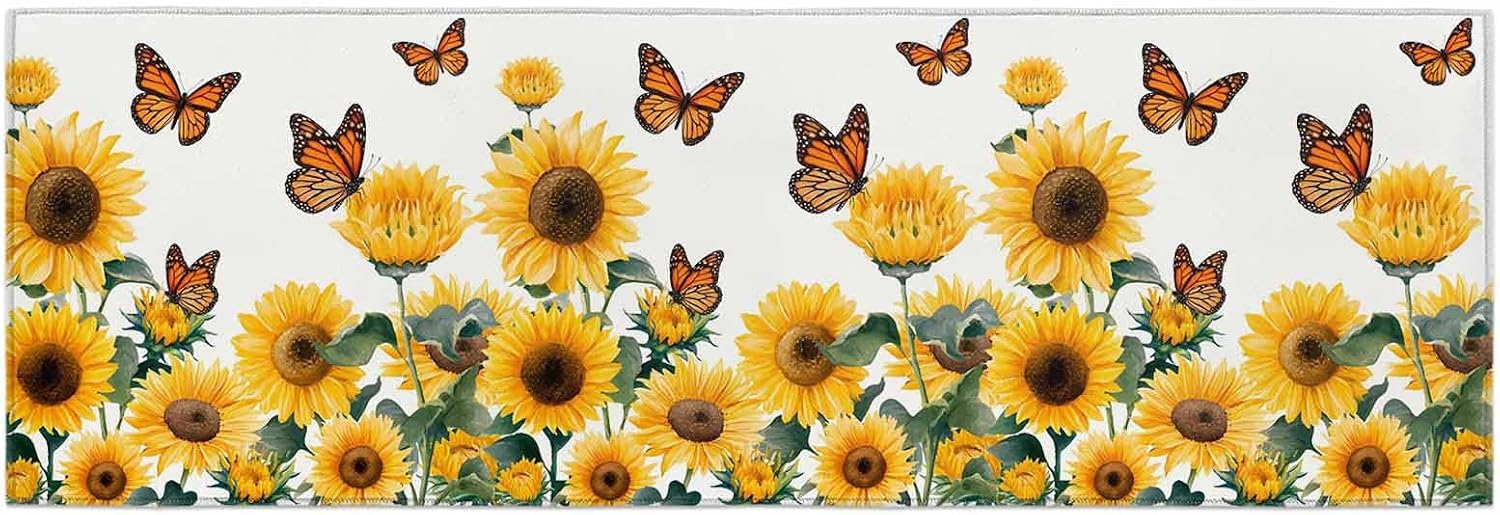 Teamery Kitchen Mats for Floor Farmhouse Vintage Sunflowers Butterfly Washable Non Slip Kitchen Rugs 1PCS, Pastoral Floral Absorbent Standing Mats for Sink Bathroom Office Living Room 15.7x47.2in