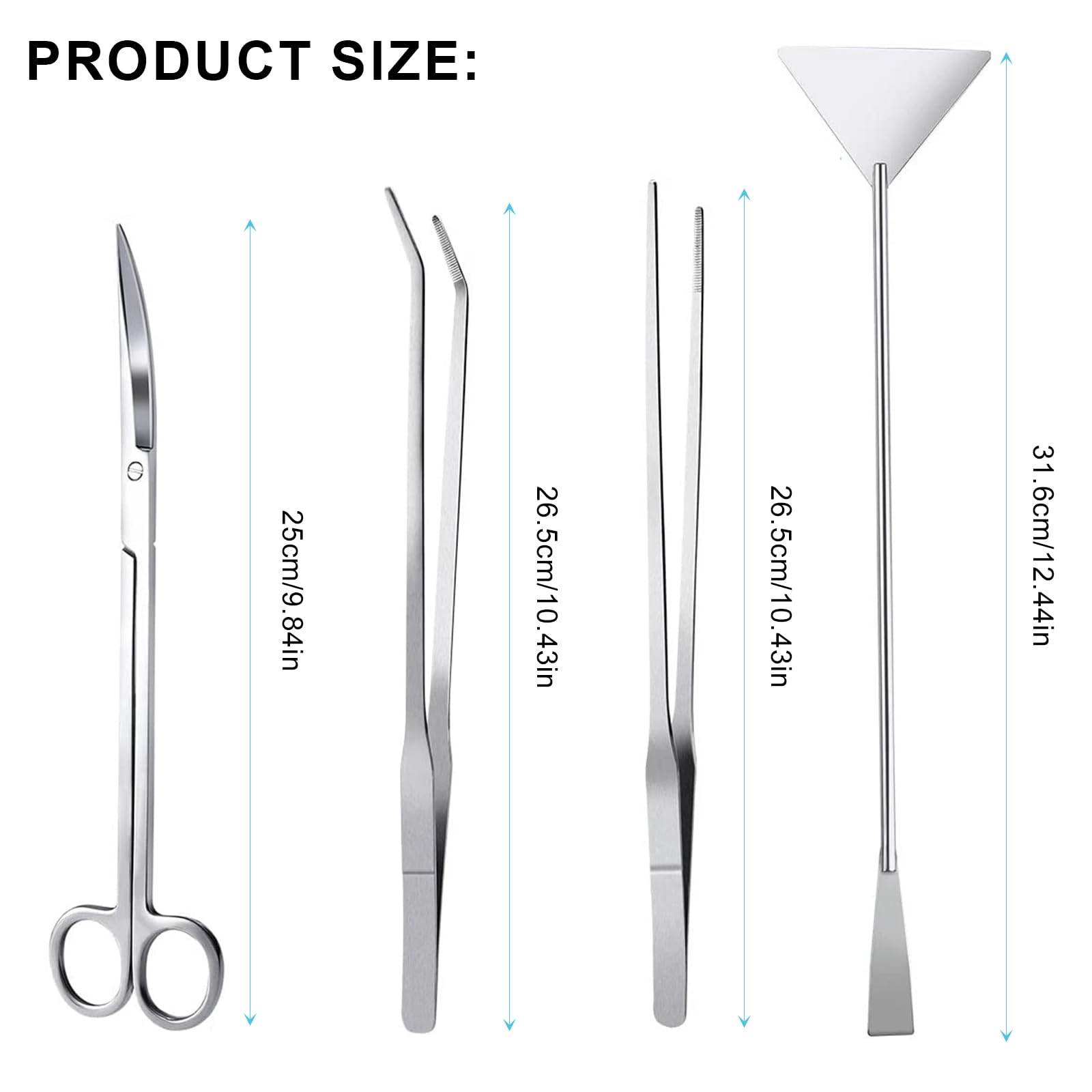 Kit d'outils aquarium 4 en 1 en acier inoxydable avec pince longue, ciseaux, spatule, kit de démarrage pour le nettoyage du gravier et des plantes d'aquarium