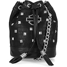 Women's Metal Bar &amp; Shield Logo Croco Drawstring Purse, Black