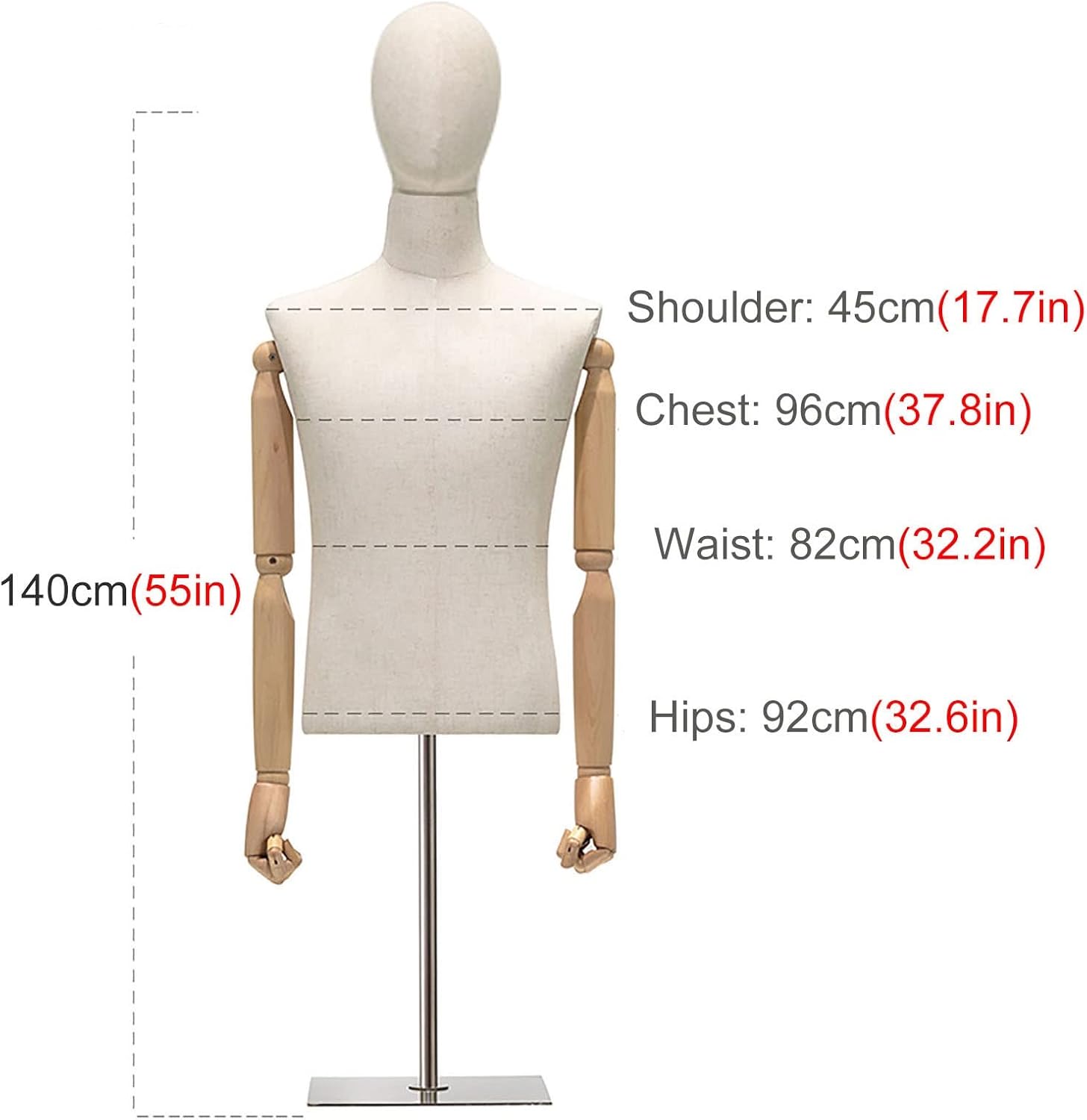 Upright Male Mannequin Torso with Flexible Wood Arm - Dress Form Display Stand for Men's Clothing, Table Model, Half-Body Size (Style 2)