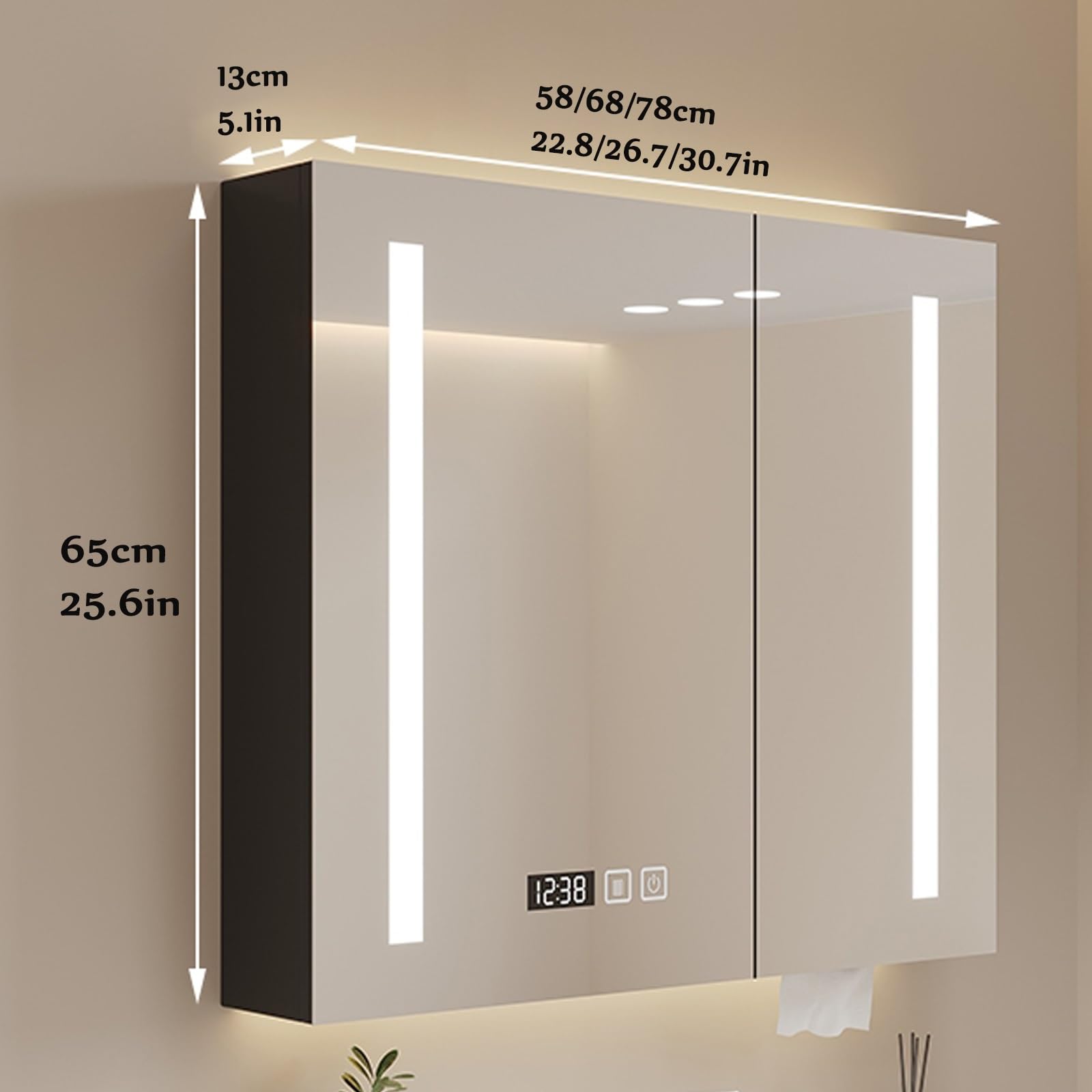 Armario de baño con espejo multifuncional montado en la pared, antivaho de un solo toque, resistente al agua y a la humedad, espejo de alta definición (negro, 78 x 70 cm)