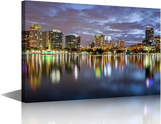Orlando Florida Skyline Home Decor Night Downtown Panoramic Wall Art Canvas Print Painting Cityscape Picture for bedroom Modern 1 Piece Artwork Wall Decoration Framed Ready to Hang (12''Wx 18''H)