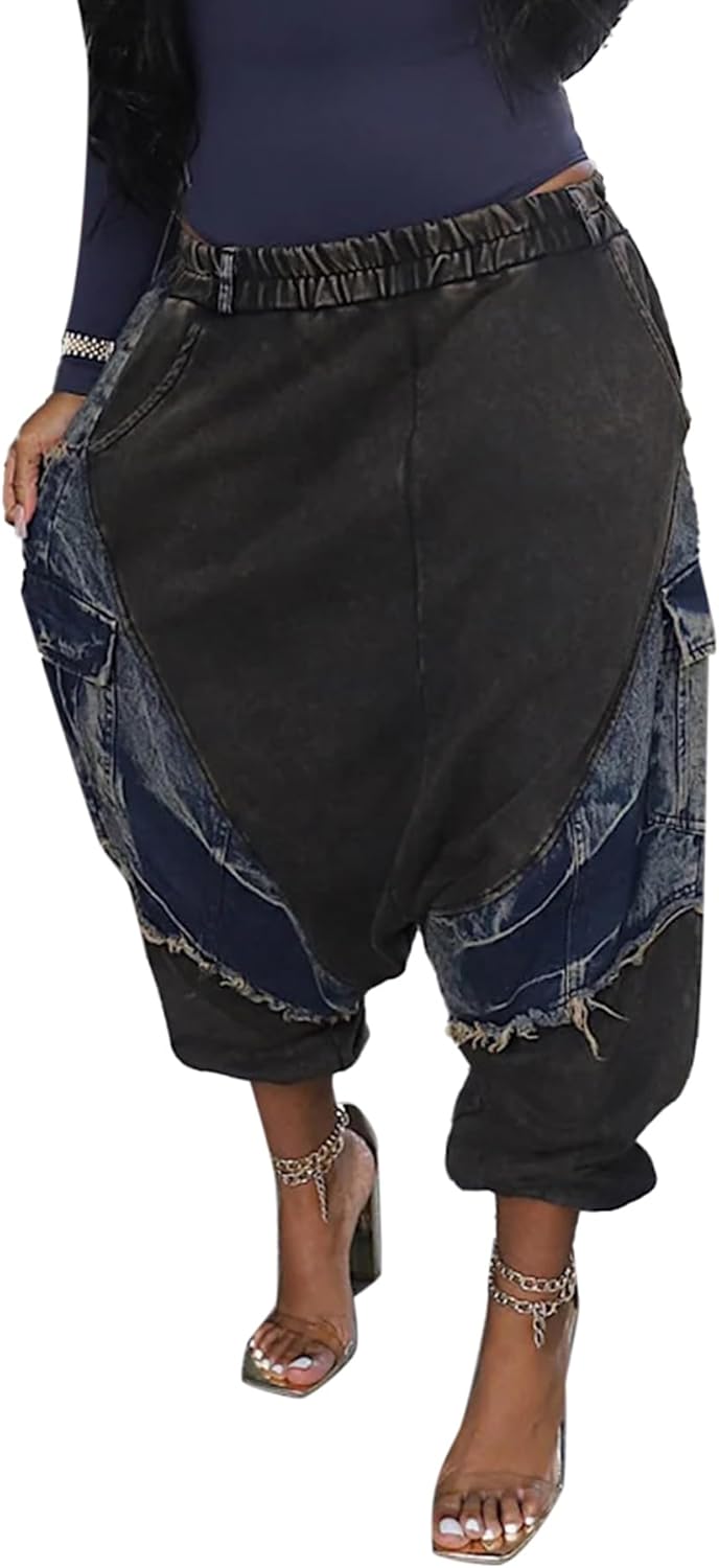 NRTHYE Womens Baggy Cargo Harem Jeans Patchwork Elastic Waist Wide Leg Hippie Denim Pants Casual Jogger Trousers