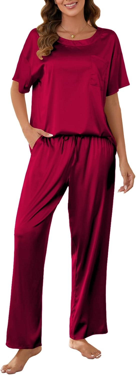 MOYEE Women's Silk Pajama Sets Satin 2 Piece Loungewear Silky Top and Pants with Pockets