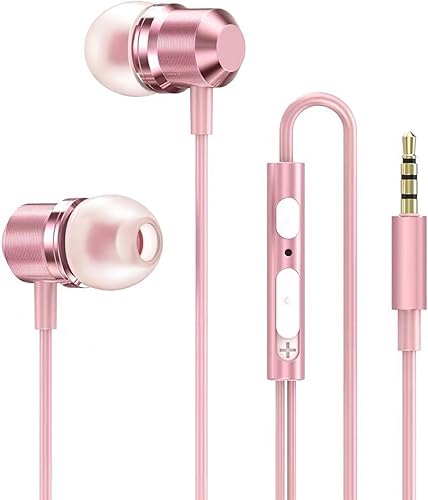 Auriculares de oro rosa, auriculares rosa para niñas con micrófono, control de volumen en auriculares de 0.138 in para teléfonos inteligentes Mp3