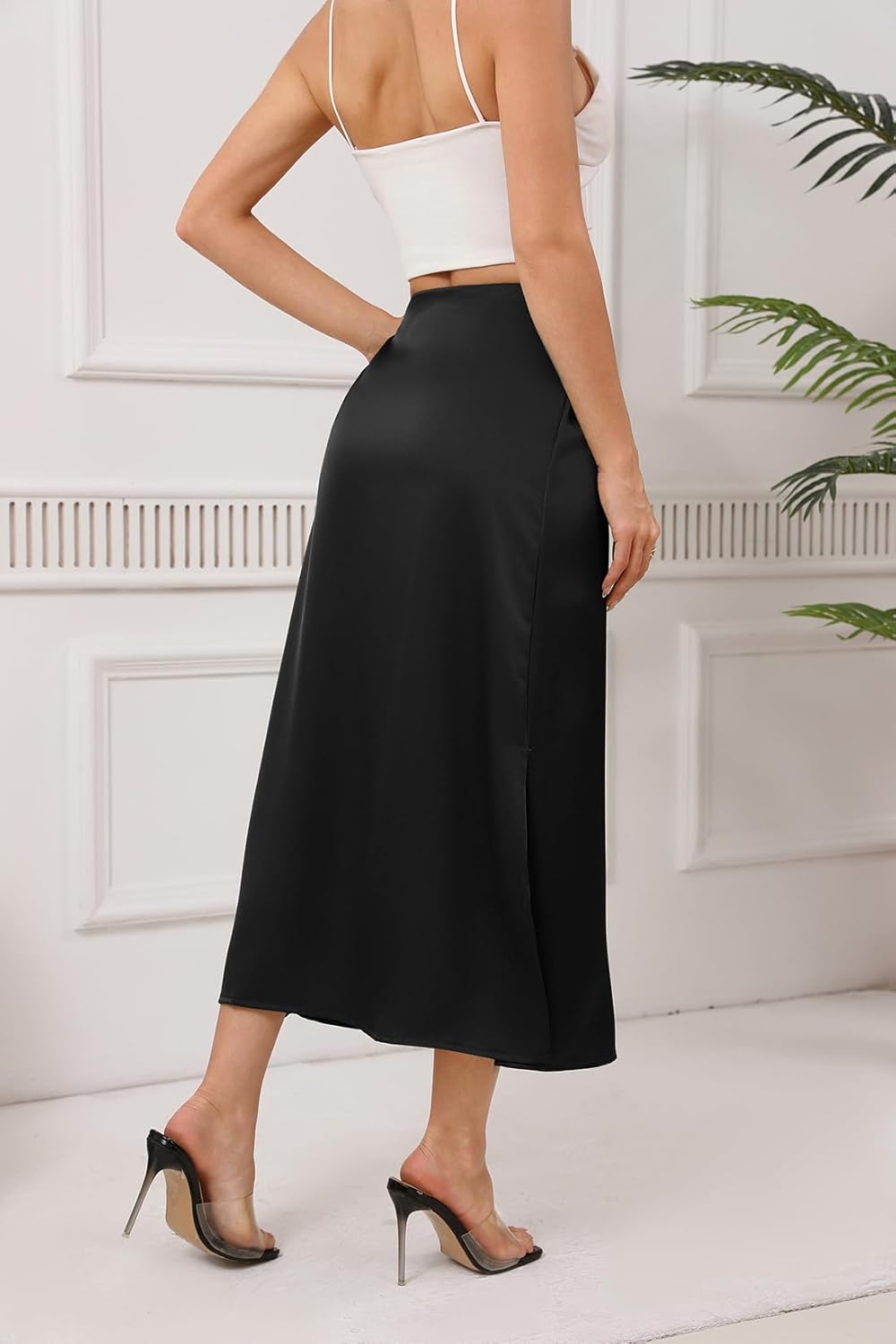 Women's Satin Midi Skirt Dressy Elastic High Waisted Silk Slip Flowy Ruffle Flared Cocktail Party Work A Line Skirts - Image 4