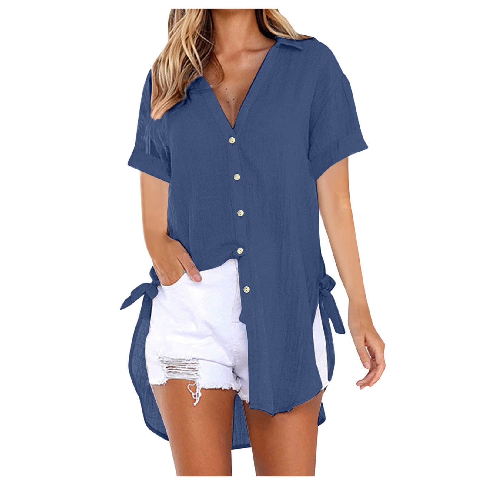 NUSGEAR Camisa Manga Corta Mujer Verano 2023 Moda Algodón y Lino Color sólido Camisa Blusa Cuello en V Botones Basica Camiseta Largo Elegant Suelto Oficina Negocios Tops Casual Cómodo T-Shirt tee