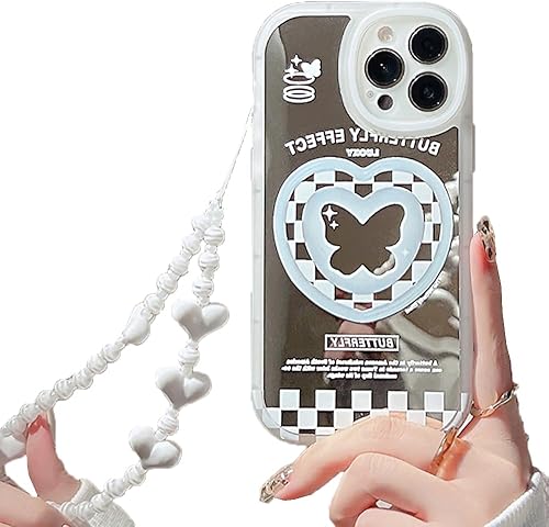Funda para iPhone 13, diseño de cuadrícula de mariposa con espejo, diseño femenino de dibujos animados Kawaii Y2K, diseño de impresión femenina para