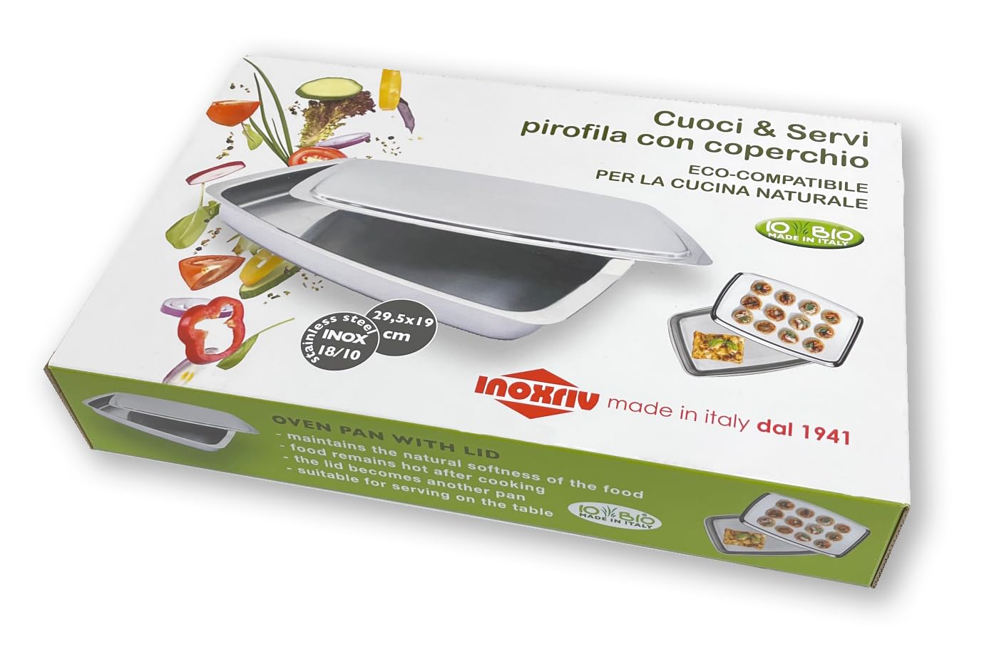 Inoxriv, IoBio Cuoci e Servi Pirofila da Forno con Coperchio Doppia Teglia, Acciaio Inox 18/10, Made in Italy