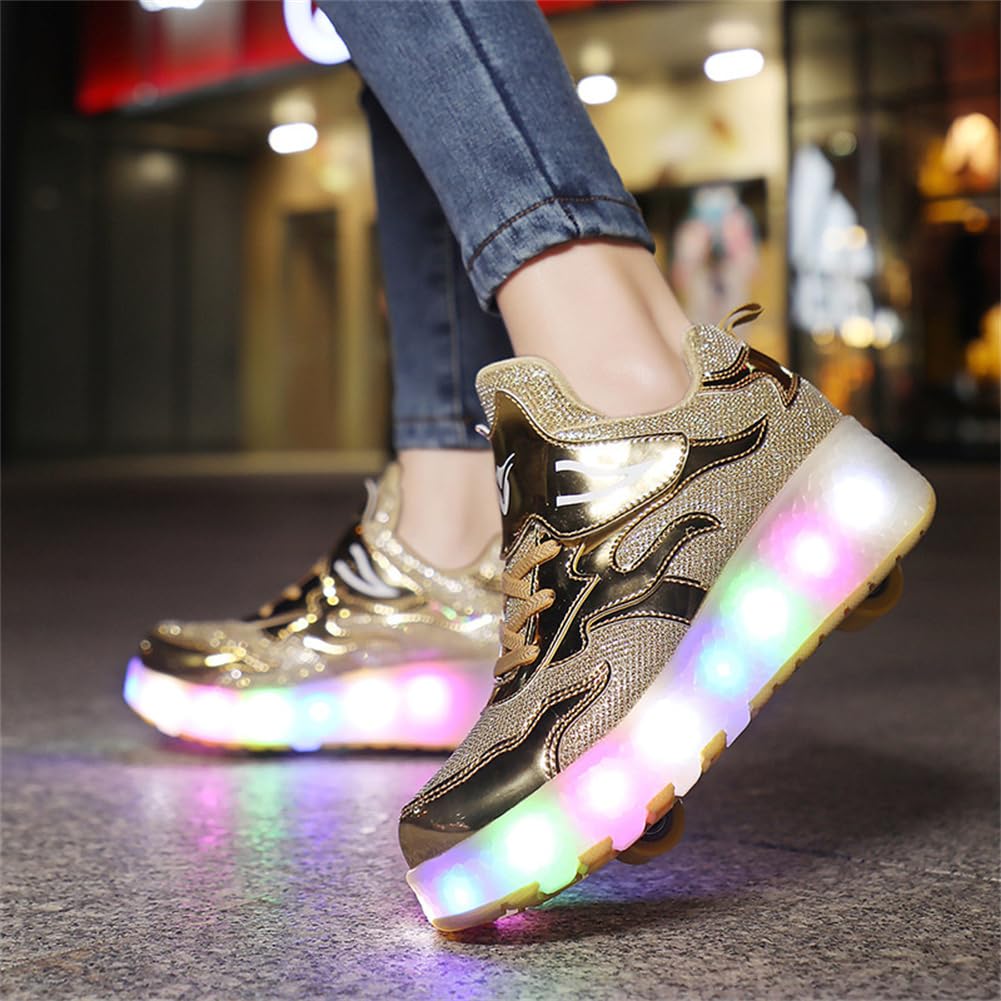 Fansu Zapatillas con 2 Ruedas Niña, Zapatos Patines con Ruedas Luces LED Coloridos Parpadeante 2 en 1, Niño Carga con USB Calzado de Skateboarding al Aire Libre 30-40 EU