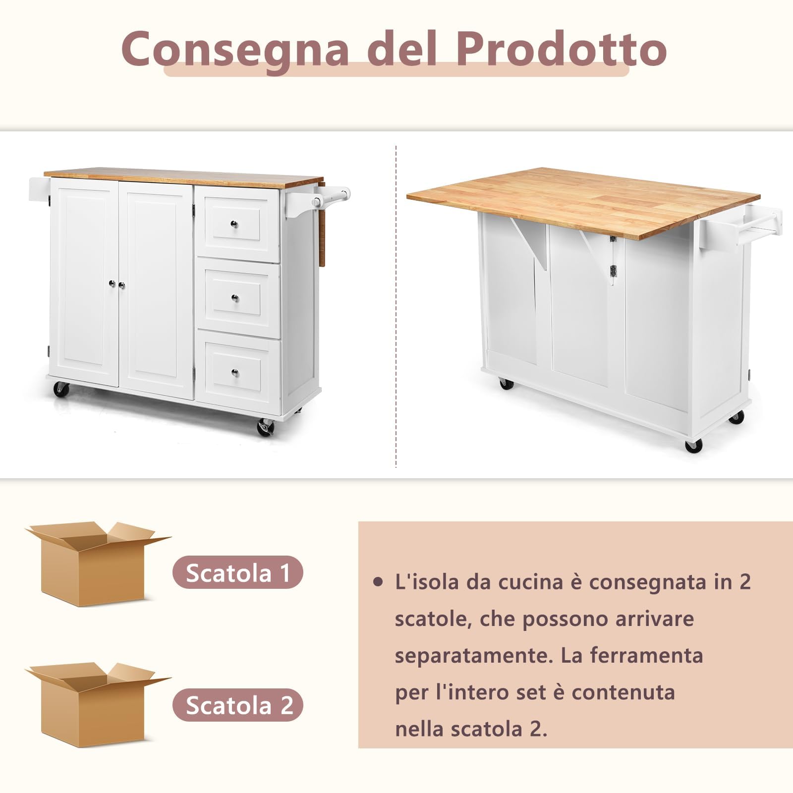 RELAX4LIFE Isola Cucina con Ruote Scorrevoli con Freni a Pedali, in Legno Verniciato con Armadietto e Cassetti Capienti,136 x 76 x 91 cm (BIANCO)