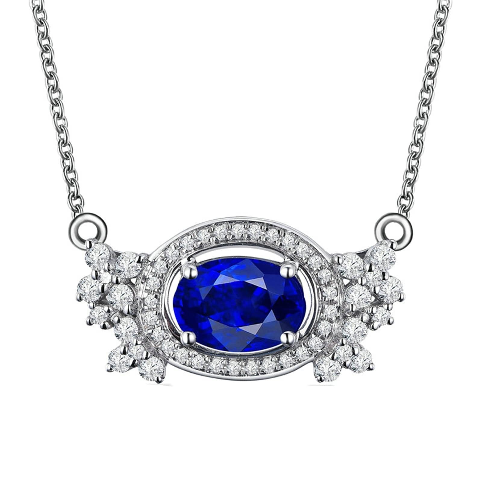 Collana Donna Oro Bianco Vera, Ciondolo Collana Donna Matrimonio con Zaffiro Sintetico 1 Carati e Diamante Sintetico, Gioielli con Pietra del Mese di Nascita
