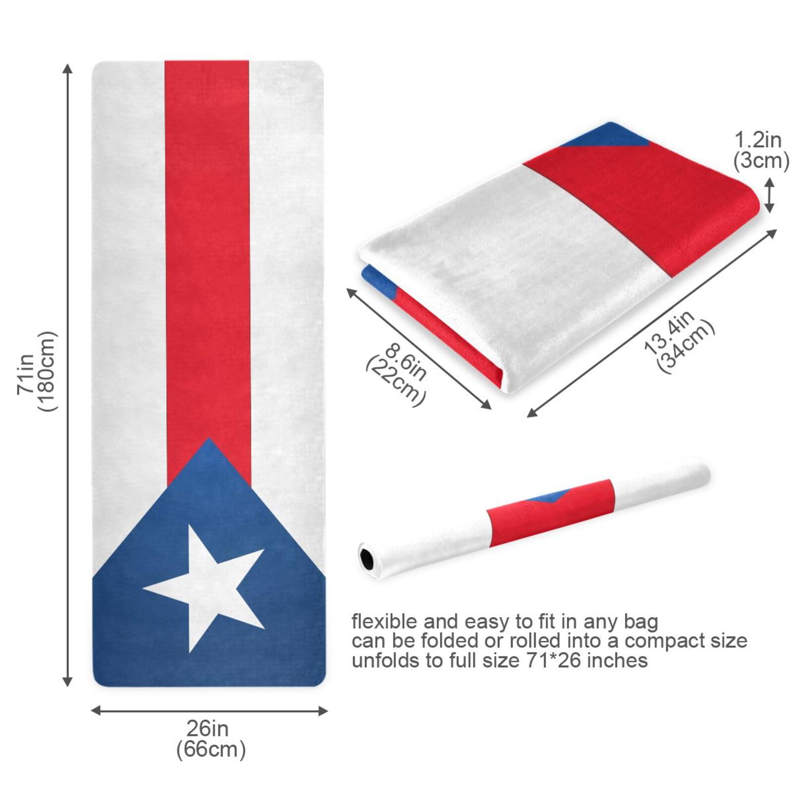 Esterilla de yoga de viaje con estampado rojo nacional de Puerto Rico con bandera de Puerto Rico, plegable, ligera, gruesa de 1 mm para exteriores, antideslizante, con bolsa de yoga para ejercicio