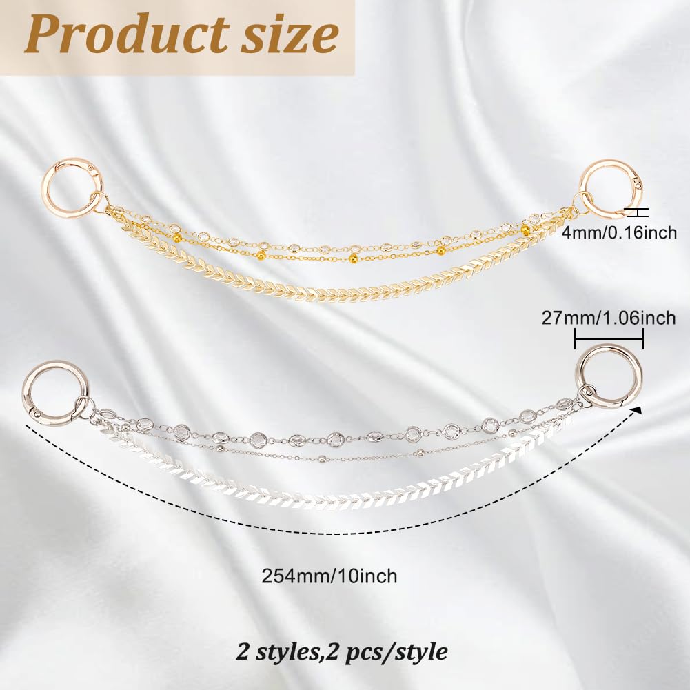 FINGERINSPIRE 4 Pcs 3-Layer Shoe Decoration Chain Brass Alloy Rhinestone Shoe Chain Platinum/Golden Shoe Decoration Chain Bling Shoe Charms Accessorie for Cavernous Shoe DIY Chains for Bags Clothing