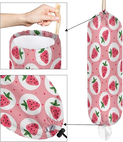 Miniatura 4 de Soporte para bolsa de plástico con diseño de fresa, reutilizable, dispensador de bolsas de plástico colgantes para decoración de cocina