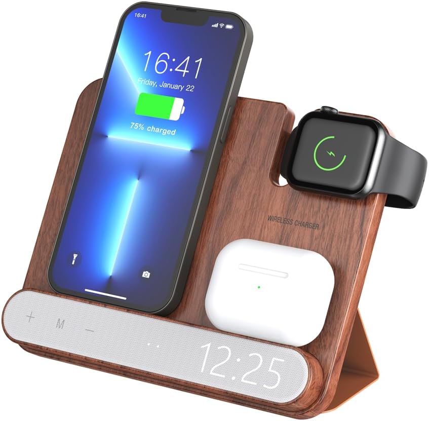 3‑in‑1 Walnut Wood Foldable Wireless Charging Station with Digital Clock