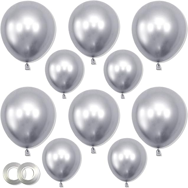 Fanuk Silver Balloons, 3 Different Sizes 77 Pack Metallic Silver Balloons 12 Inch, 5 Inch, 10 Inch Chrome Silver Latex Balloon Arch for Wedding Birthday Engagement Baby Shower