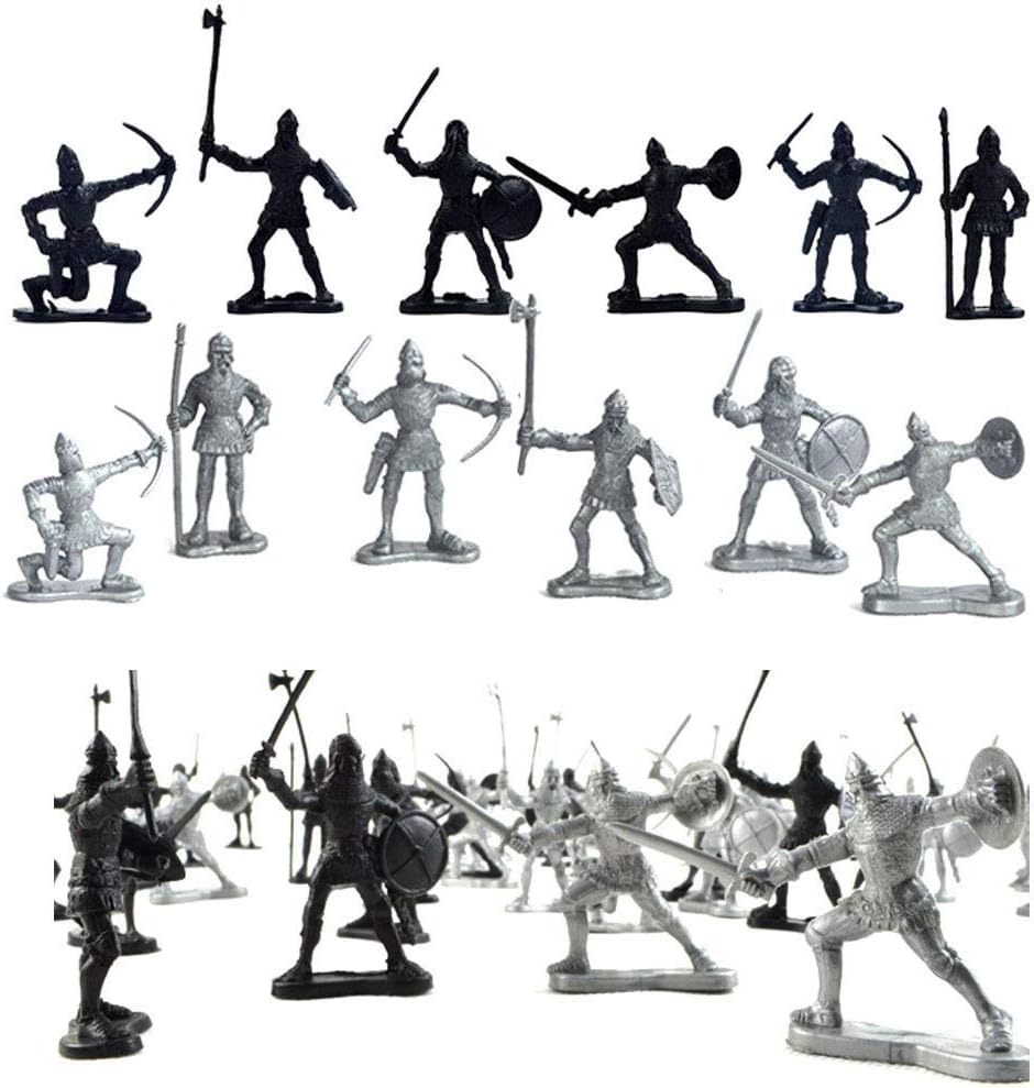 60 Pieces Ancient Soldier Figures Middle Ages Army Infantry Archer Warriors Sword and Shield Swordman Archaic Soldiers Medieval Soldiers Model Military Figures Sliver Black