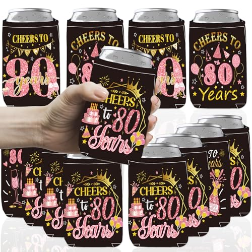 Koazava 12 Pcs 80th Birthady Party Can Cooler Sleeve, Cheers to 80 Years Party Decorations for Men Women, Pink Gold Neoprene Can Sleeve 1976 Birthday Decorations for Parents Him Her