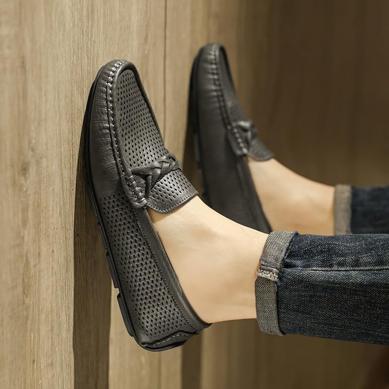 Mens Loafers Shoe Square Toe Faux Leather Breathable Perforated Driving Loafers Lightweight Flat Heel Slip Resistant Fashion Slip-ons4