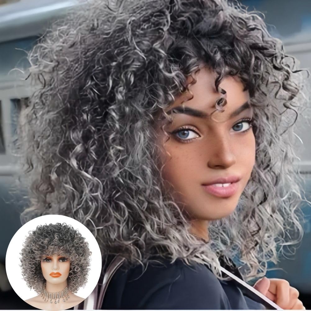 Grau Kurze Lockige Perücke für Schwarze Frauen 70er 80er Jahre Afro Synthetische Kinky Lockige Perücke mit Dunklen Wurzeln für den täglichen Party Gebrauch