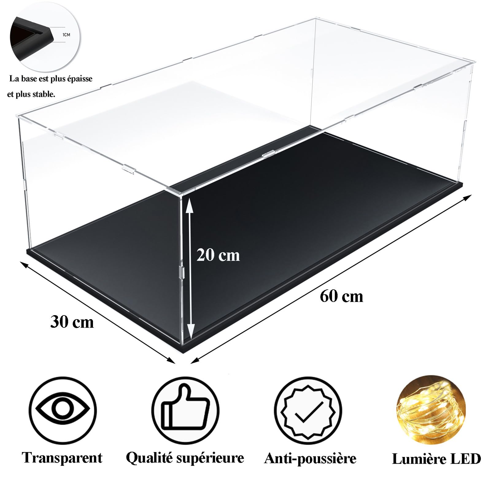 Vitrine Acrylique pour Lego Technic Bugatti Chiron 42083, Maquette de Voiture échelle 1/8, Transparent Boite avec Base et Bande Lumineuse, 60x30x20cm, Anti-poussiere