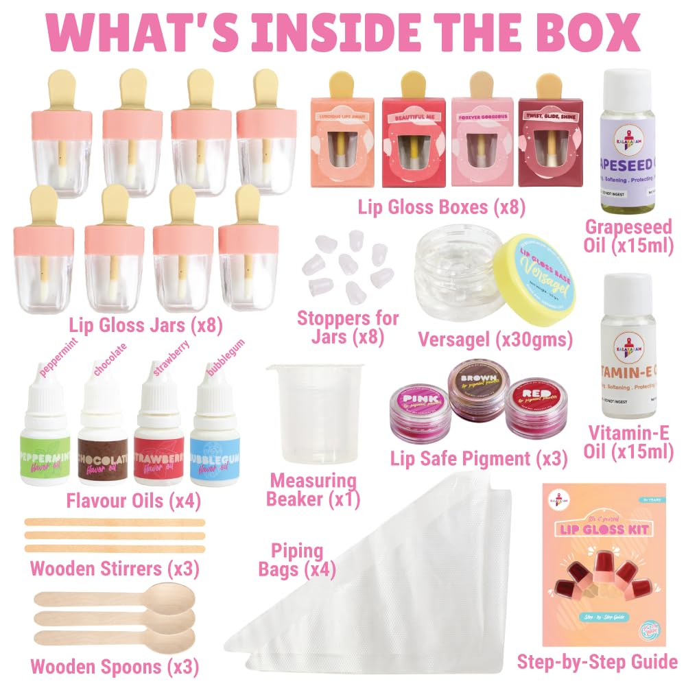 Kalakaram Make Your Own Lip Gloss Kit - Gifts for Girls Age 10-12 | Make 8 Lip Gloss With Nourishing Vitamin E & GrapeSeed Oil, Colour Pigments, Fun And Engaging Craft Activity Kit For Kids