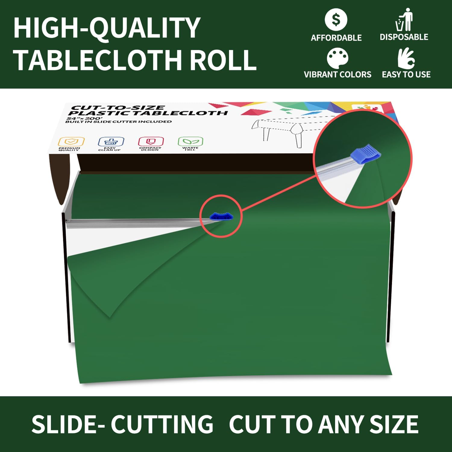 CXPSINC 54 Inch X 200 Feet Plastic Table Cover Roll Disposable Tablecloth with Slide Cutter for All Type/Shape Tables | Picnic, Party, Banquet, Birthdays, Weddings (Green)
